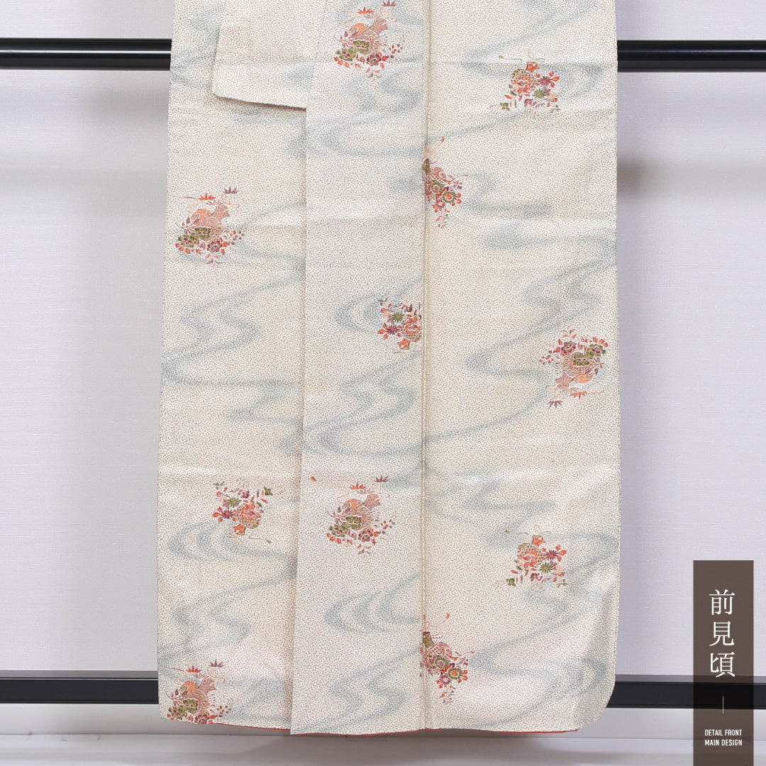 小紋 袷 身丈154cm 裄丈64cm 正絹 Aランク インフォーマル 広衿 Sサイズ 流水 小槌 クリーム系 RP 1221-11442