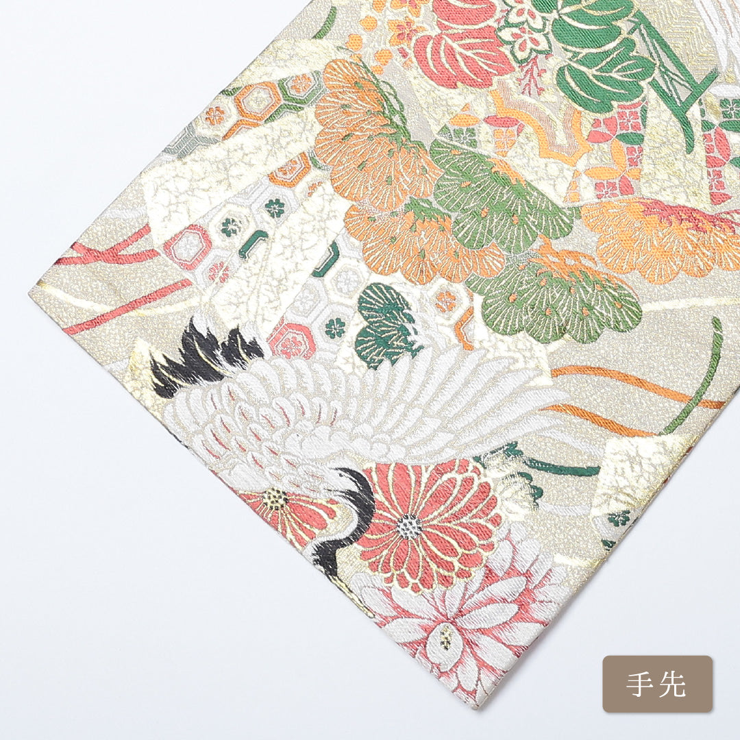 アンティーク 丸帯 帯丈400cm 全通 唐織 吉祥文様 鶴 フォーマル 金系 正絹 Aランク 1223-00581