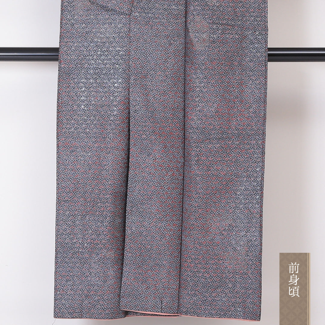 小紋 袷 身丈146cm 裄丈63cm 正絹 Sランク XSサイズ 広衿 インフォーマル 織り出し 笹 黒系 銀系 1215-02042