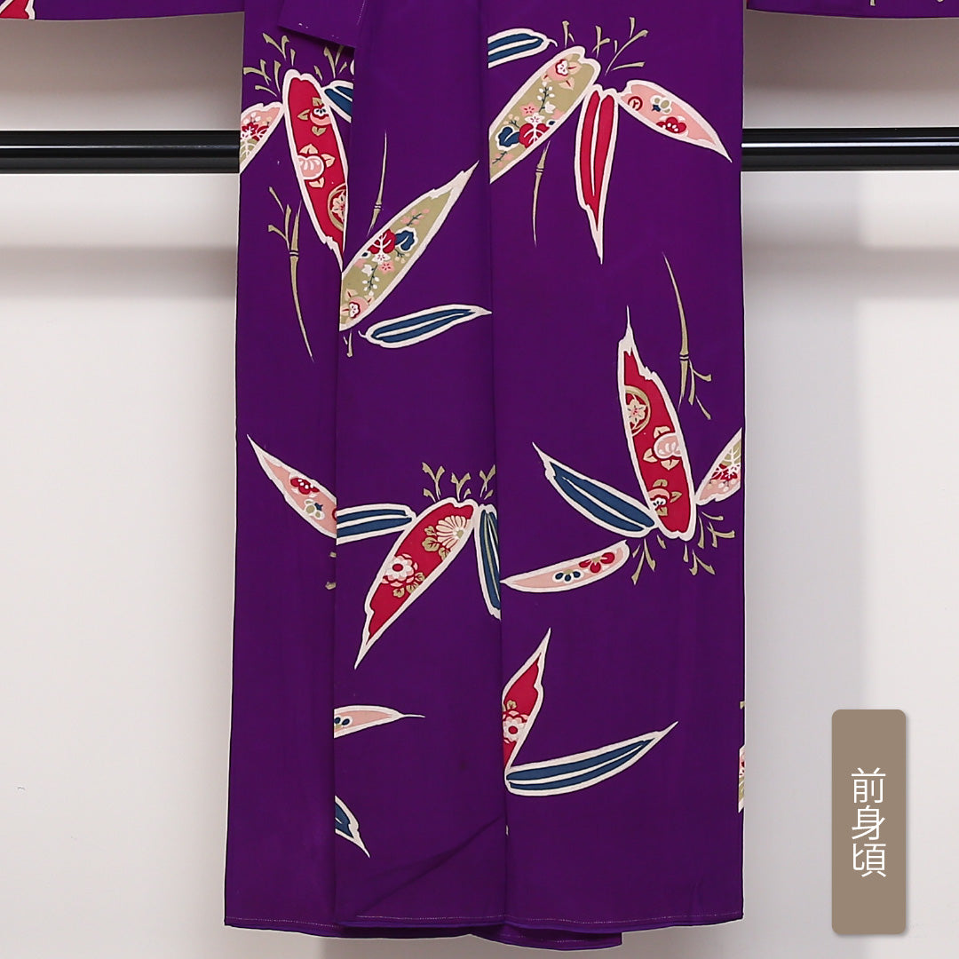 アンティーク 小紋 袷 身丈145cm 裄丈63cm 正絹 Bランク バチ衿 XSサイズ 花柄 笹 紫系 SR 1221-01646