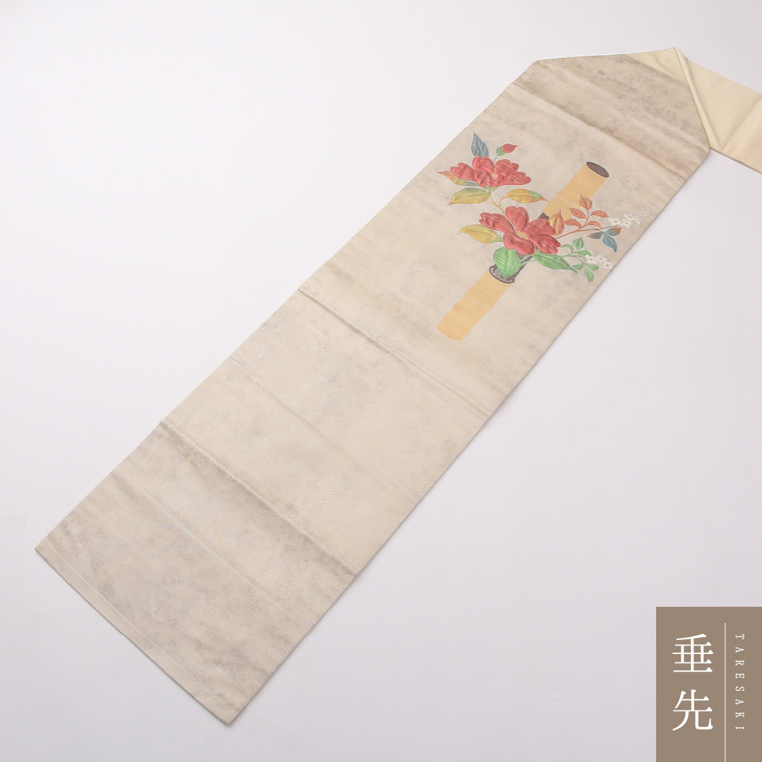 九寸名古屋帯 Sランク 帯丈362cm 正絹 ポイント柄 名古屋仕立て 織り セミフォーマル 牡丹 クリーム系・銀系 RP 1245-02317