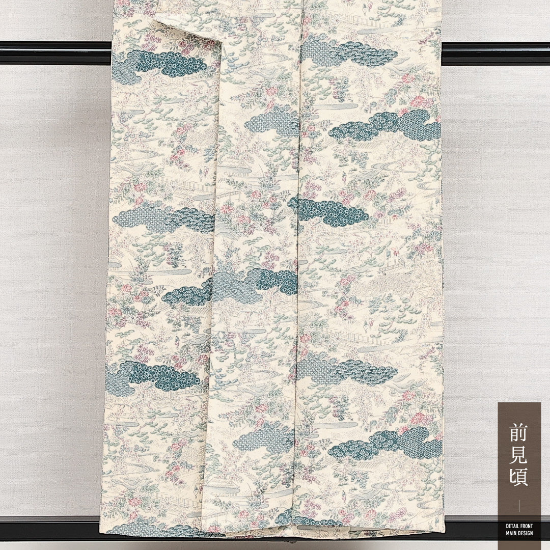 小紋 単衣 身丈152cm 裄丈60cm 正絹 Bランク インフォーマル 広衿 Sサイズ 御所解 クリーム系 RP 1221-14024
