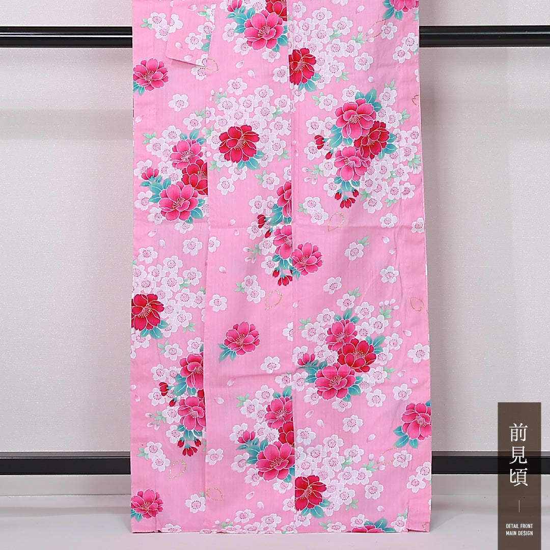 夏物 洗える着物 木綿の浴衣 夏物 身丈165cm 裄丈66cm 木綿 Sランク カジュアル バチ衿 XLサイズ 花柄 ピンク系 RP 1225-12455