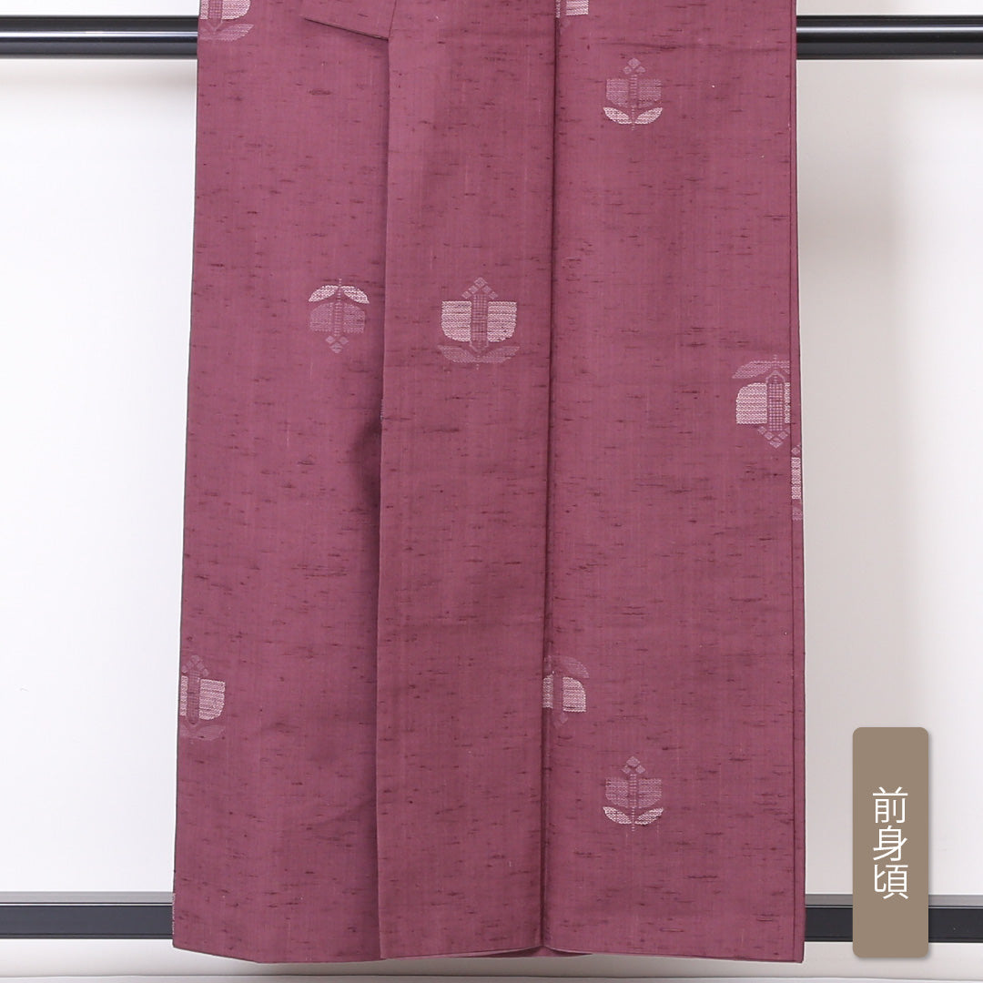 真綿紬 袷 身丈155cm 裄丈62cm 正絹 Sランク カジュアル バチ衿 Mサイズ 椿 紫系 RP 1223-03336