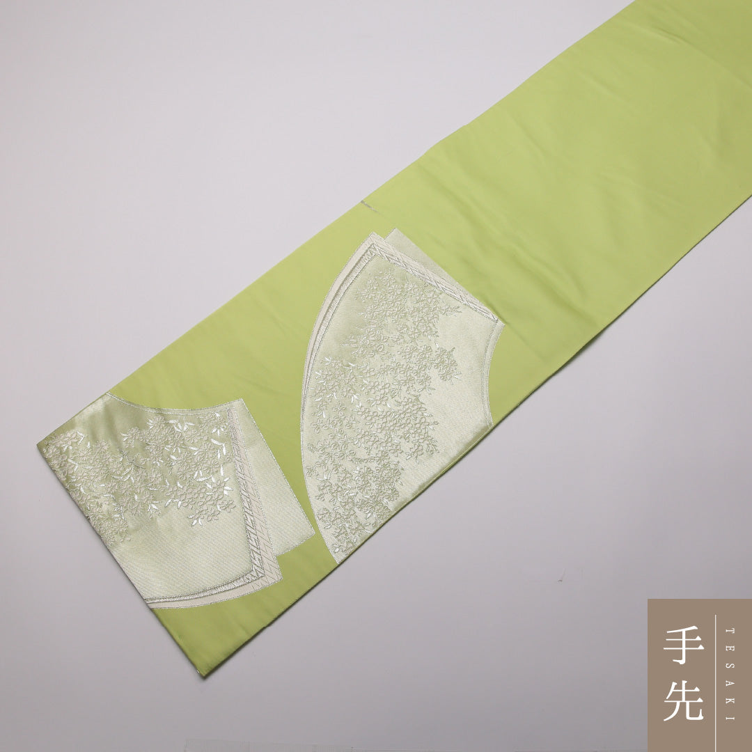 袋帯 帯丈428cm 正絹 六通 セミフォーマル 扇面文 花柄 緑系 1243-01343