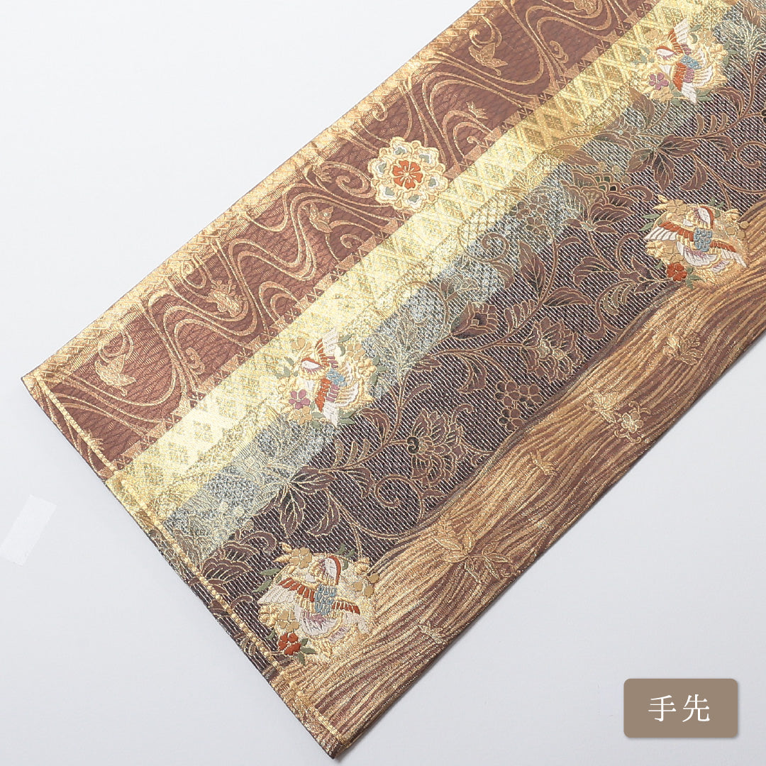 袋帯 帯丈440cm 六通 仕立て上がり フォーマル Sランク 花喰い鳥 金襴 金系 1223-00679-221 1223-00679