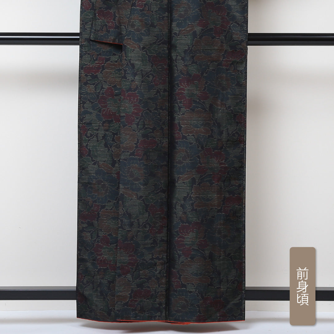 大島紬 袷 身丈159cm 裄63.5cm 正絹 黒系 Aランク 緯総絣 花柄 1216-00529-3310 1216-00529
