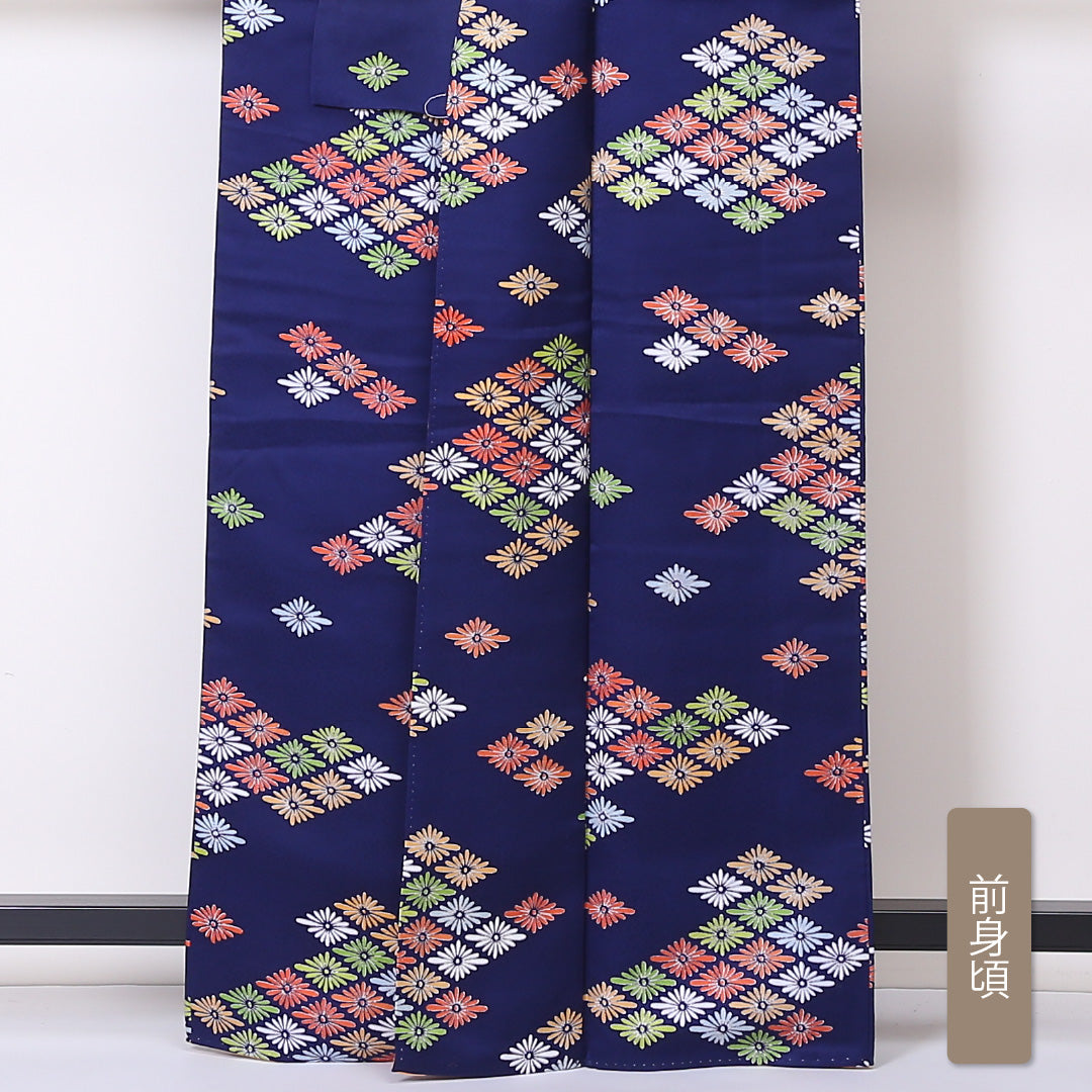 小紋 袷 身丈163cm 裄63cm 紺系 花菱 洗える着物 Sランク 1215-01970-2418