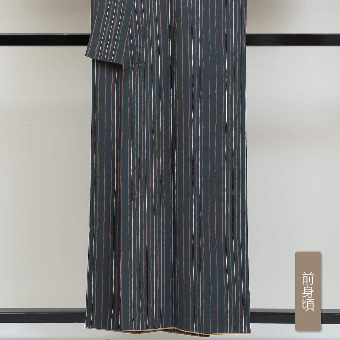 小紋 洗える着物 袷 身丈156cm 裄丈67cm ポリエステル Bランク Mサイズ 広衿 インフォーマル よろけ縞 紺系 緑系 1215-00971