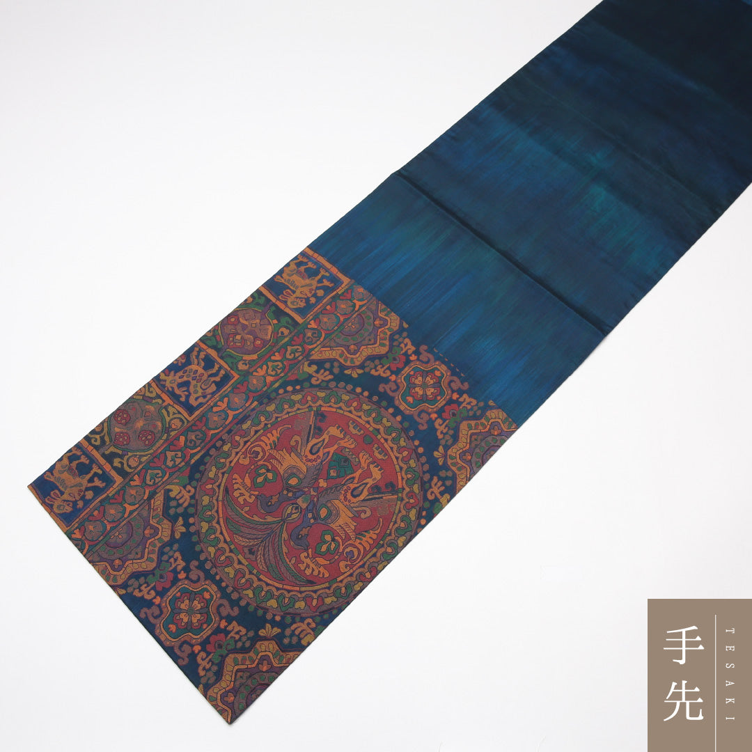 袋帯 帯丈416cm 正絹 六通 双鳥円文 セミフォーマル 双鳥唐花文 青系 1243-01305