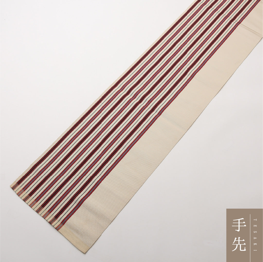 名古屋帯 全通 帯丈396cm カジュアル Cランク リバーシブル 正絹 本場筑前博多織 縞 クリーム系 1224-02186