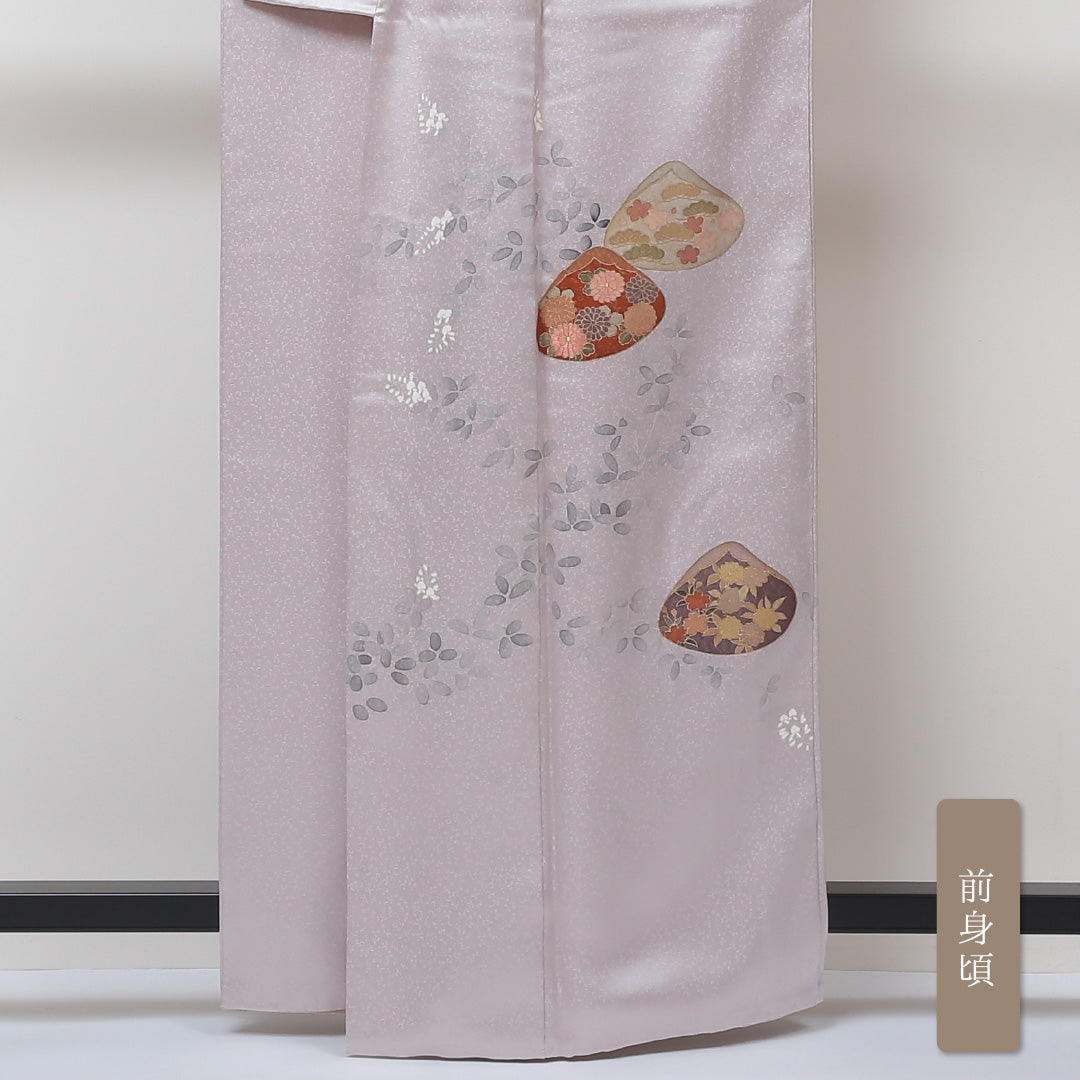 訪問着 袷 身丈161cm 裄丈63cm 正絹 Aランク 一つ紋 (丸に井桁) セミフォーマル 広衿 Lサイズ 金彩 貝合わせ ピンク系 RP 1217-04329
