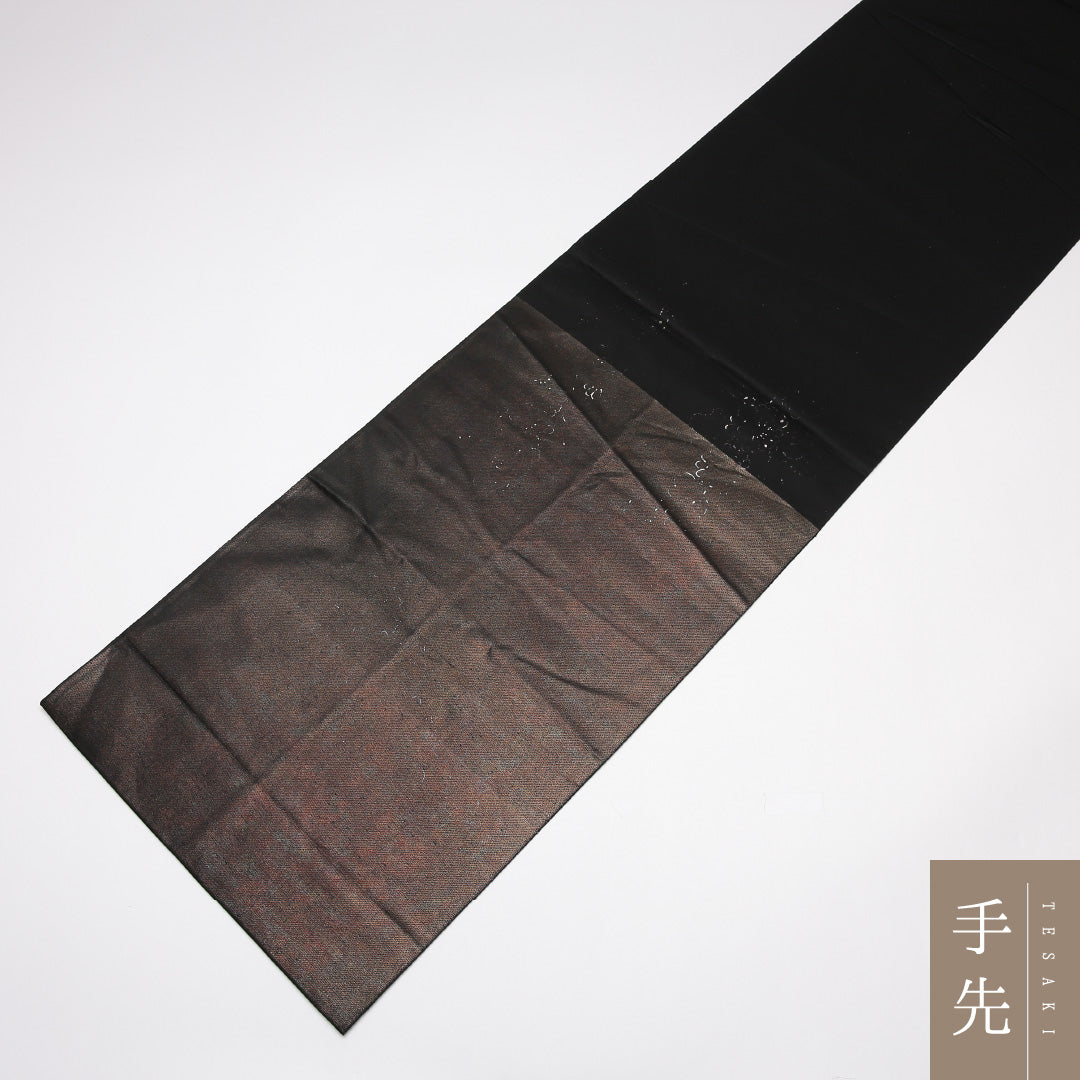 袋帯 帯丈436cm 六通 旭水 菊 作家物 友禅 フォーマル 落款 黒系 正絹 Aランク 1223-01196