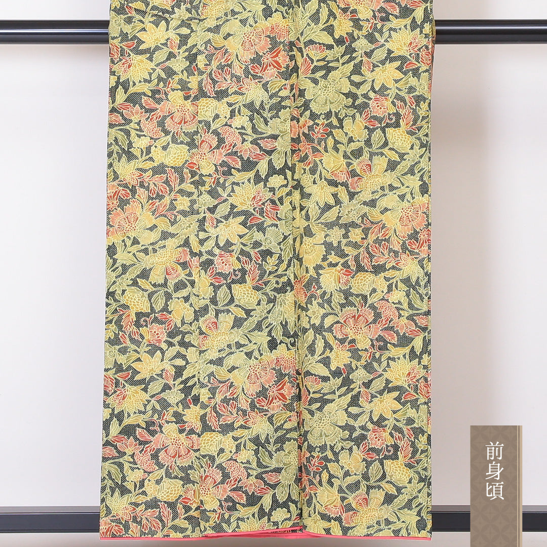 小紋 袷 身丈154cm 裄丈62cm 正絹 Sランク インフォーマル 広衿 Sサイズ 更紗 黄系 RP 1221-02127