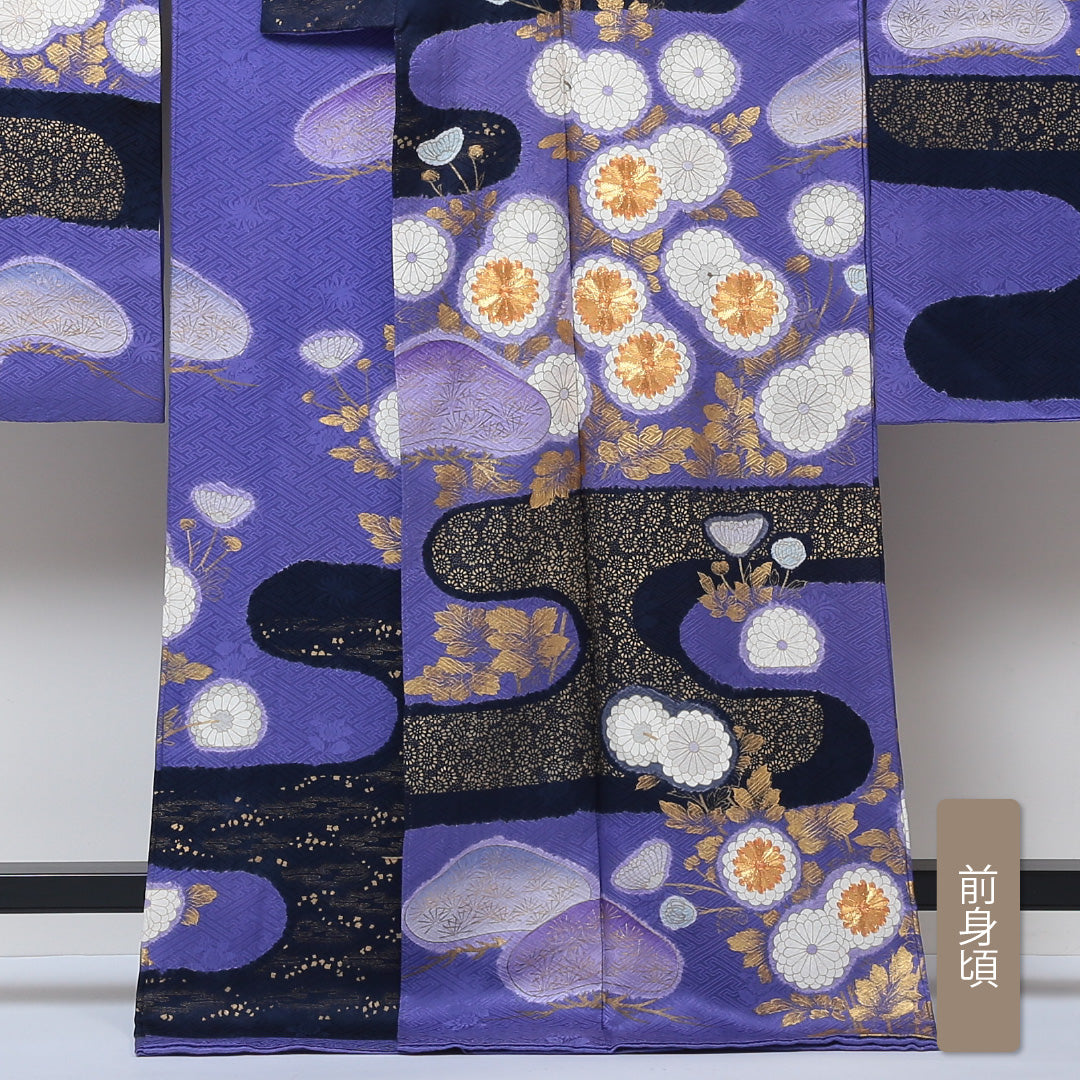 振袖 身丈171cm 裄丈70.5cm Bランク 袷 正絹 広衿 エ霞 金彩 金駒刺繍 松 1213-F0046