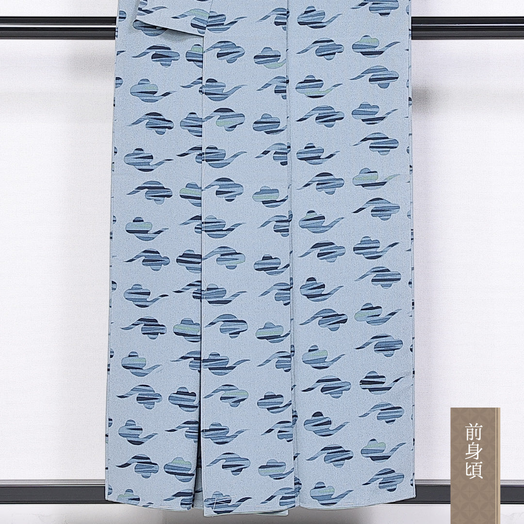 小紋 袷 身丈153cm 裄丈61cm 正絹 Sランク Sサイズ 広衿 インフォーマル ちりめん 水色系 1215-10189