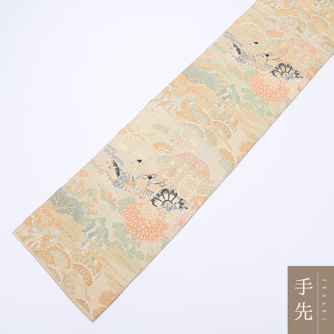 アンティーク 丸帯 帯丈408cm 正絹 全通 ふくれ織 御所車 平安絵巻 クリーム系 1242-00917