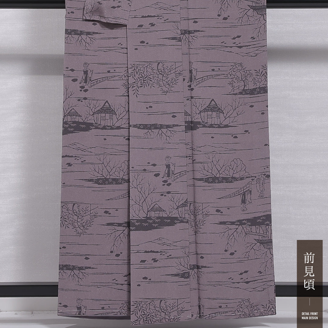 小紋 袷 身丈157cm 裄丈62cm 正絹 Sランク インフォーマル 広衿 Mサイズ 人物 茶屋辻 紫系 RP 1221-11776