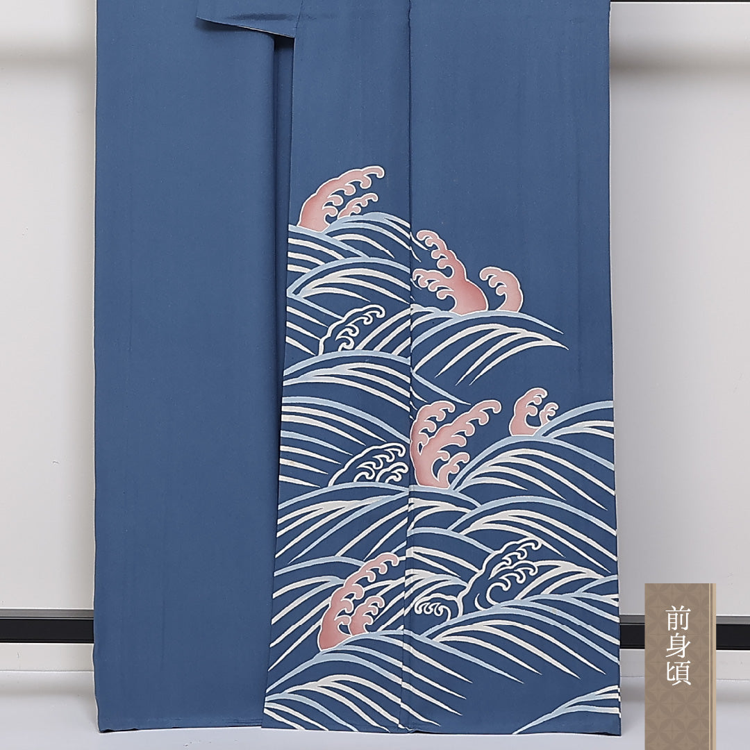 訪問着 単衣 身丈166cm 裄67cm 正絹 一つ紋 波頭 肩当て 居敷当て Cランク 1212-00707