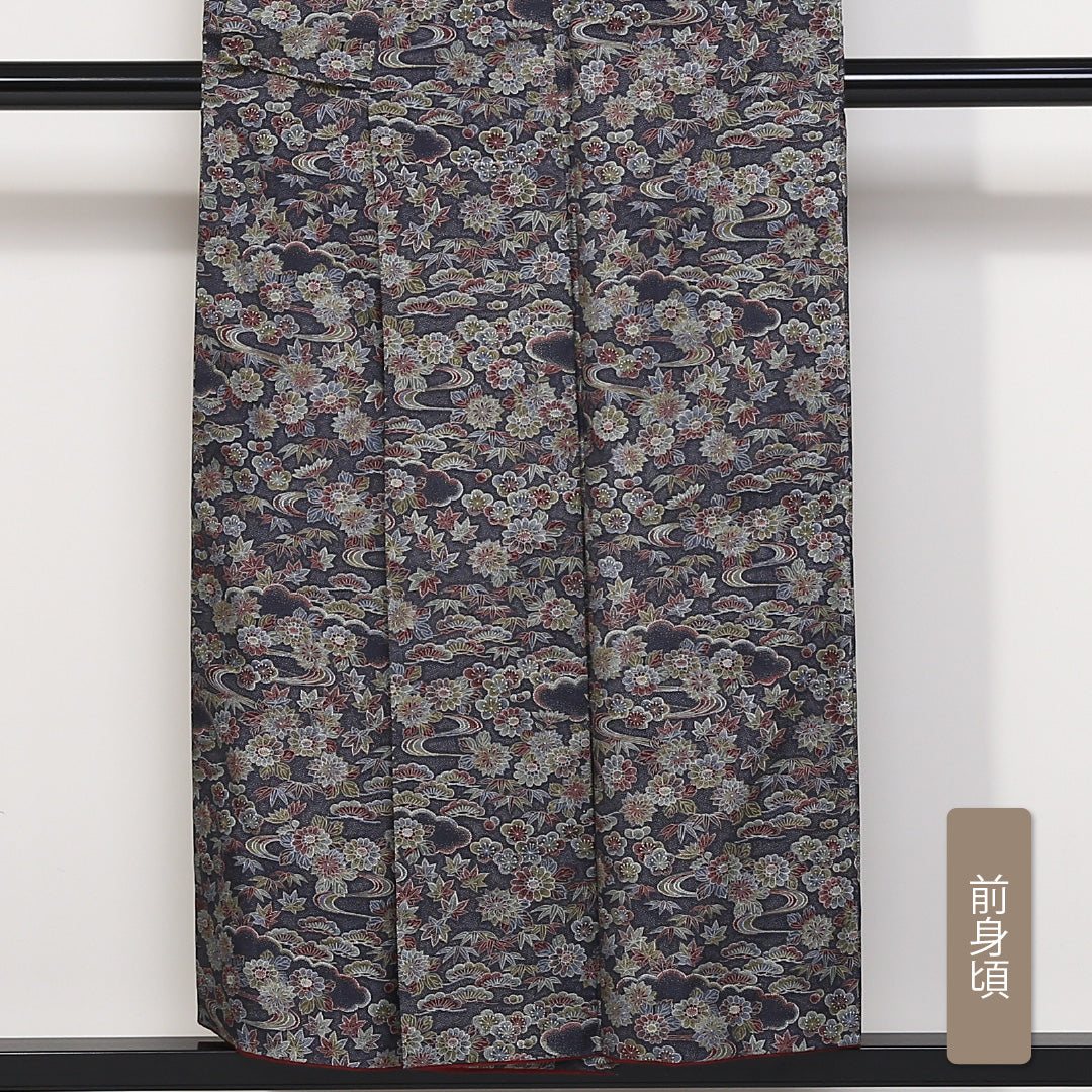 小紋 袷 身丈151cm 裄丈63cm 正絹 Aランク インフォーマル 広衿 Sサイズ 四季草花 紺系 RP 1221-01649
