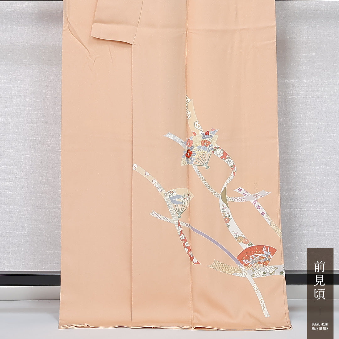 付下げ 身丈170cm 裄丈66cm Sランク 2XL 正絹 袷 広衿 短冊 菊 菖蒲 インフォーマル ベージュ系 1261-12028