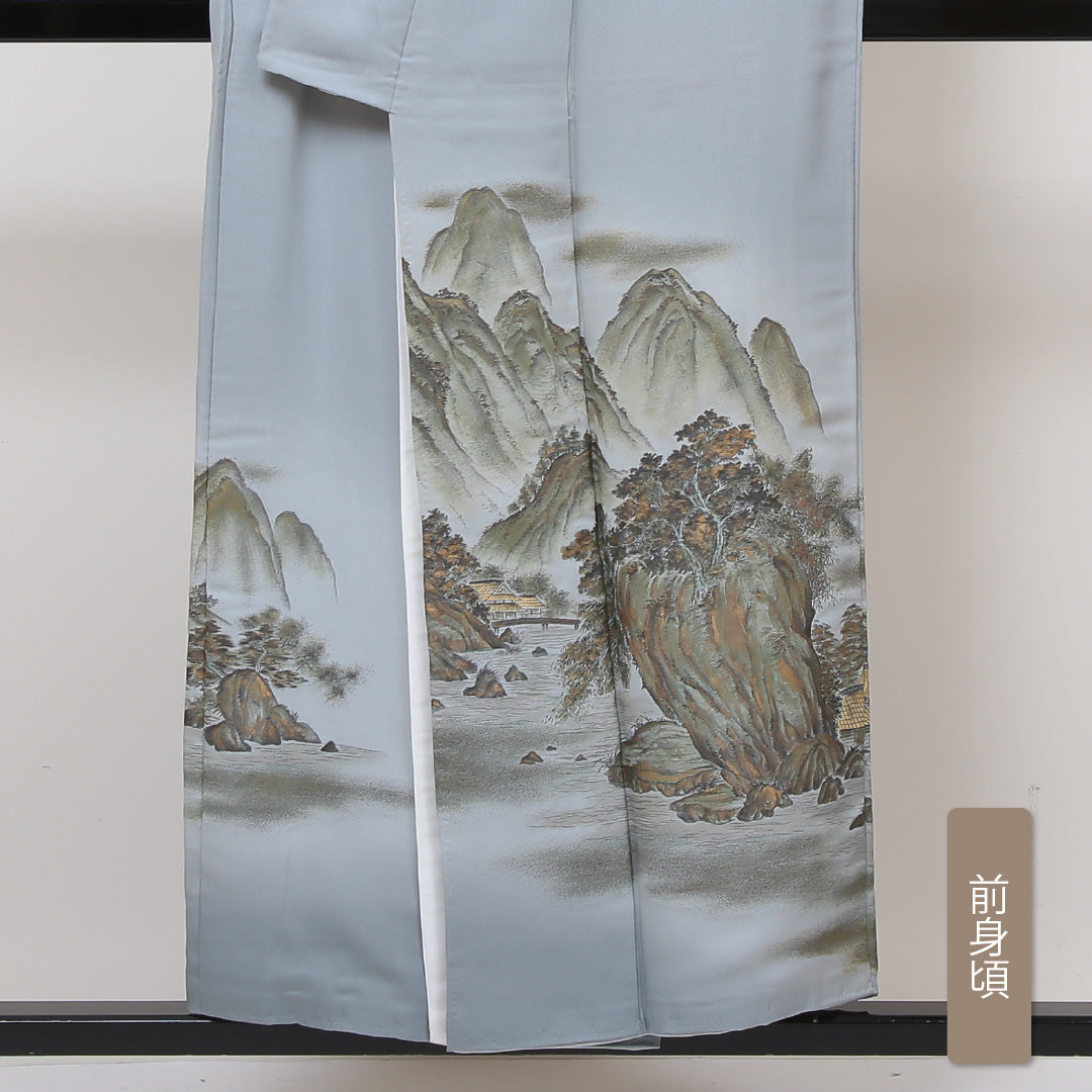 色留袖 五つ紋 丸に花菱 身丈151cm 裄丈66.5cm Cランク 正絹 袷 広衿 S 山水 丸に花菱 フォーマル 青系 1211-F0174