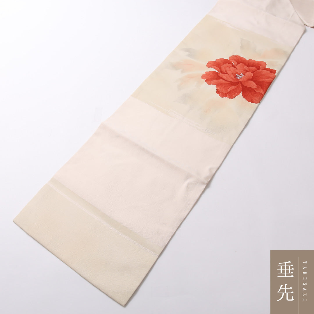 九寸 名古屋帯 帯丈354cm 名古屋仕立て ポイント柄 Aランク カジュアル 正絹 綴れ織 牡丹 上品 優しい ピンク系 1224-02940