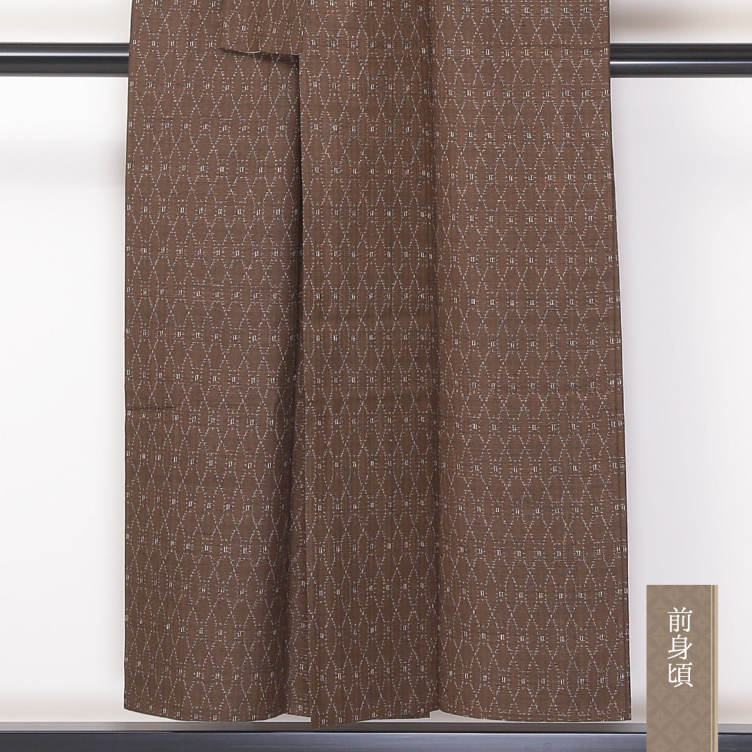 紬 単衣 身丈150cm 裄丈60cm 正絹 Aランク カジュアル 広衿 Sサイズ 居敷当て 立涌 茶系 HP 1223-03627