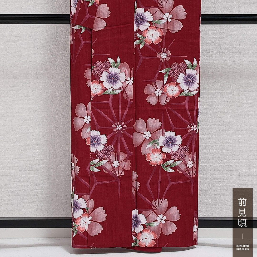 浴衣 夏物 洗える着物 身丈158cm 裄丈65cm Sランク 木綿 バチ衿 Mサイズ カジュアル 花柄 シック 華やか 赤系 1218-14283