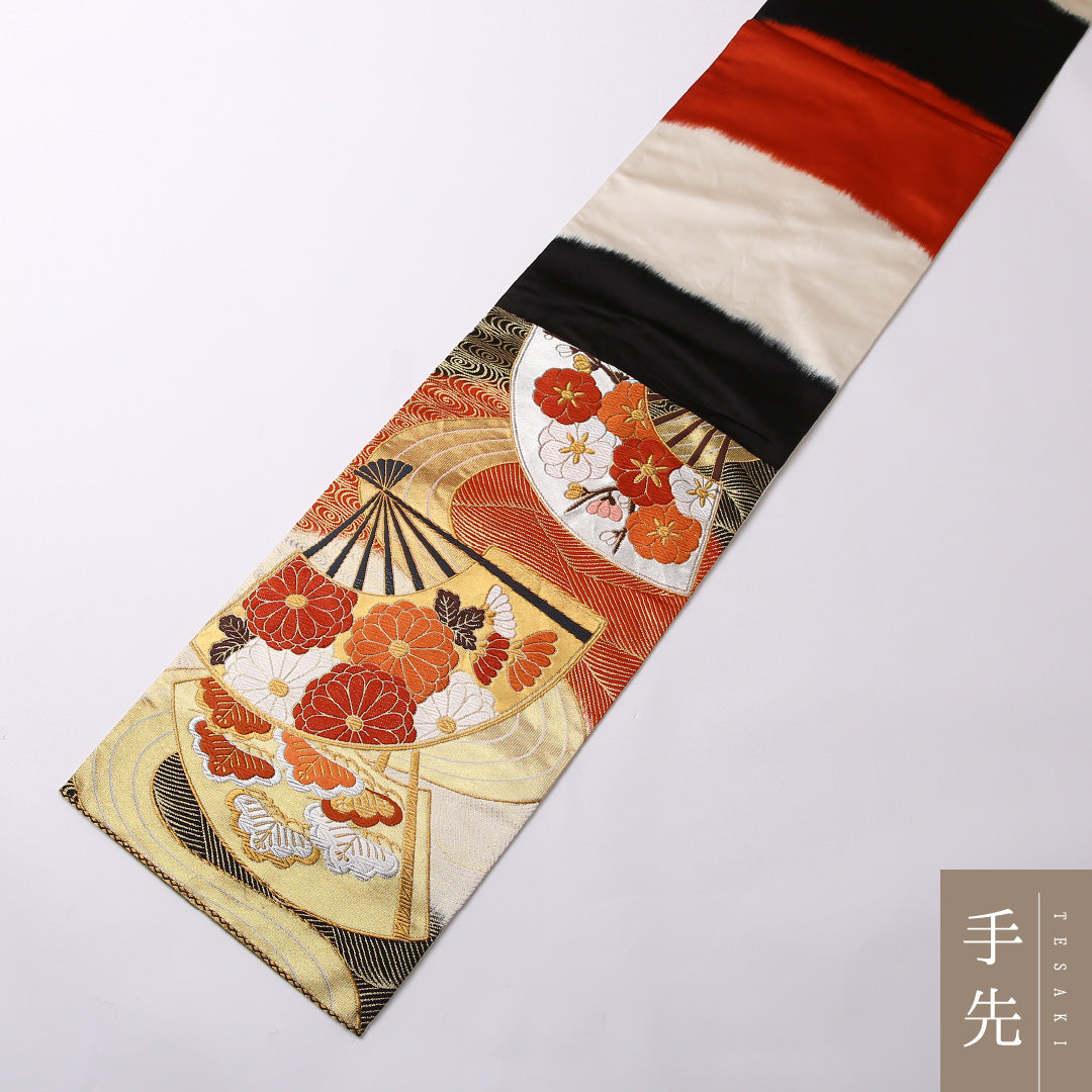 振袖用 袋帯 帯丈432cm 正絹 六通 唐織 扇流し 金系 1243-01550