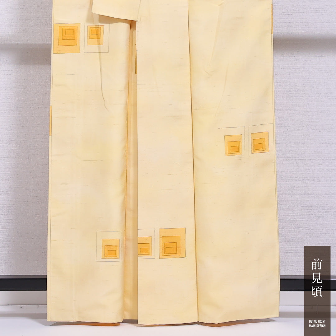 紬 袷 身丈161cm 裄丈63cm 正絹 Bランク カジュアル 広衿 Lサイズ 幾何学柄 黄系 HP 1223-11637