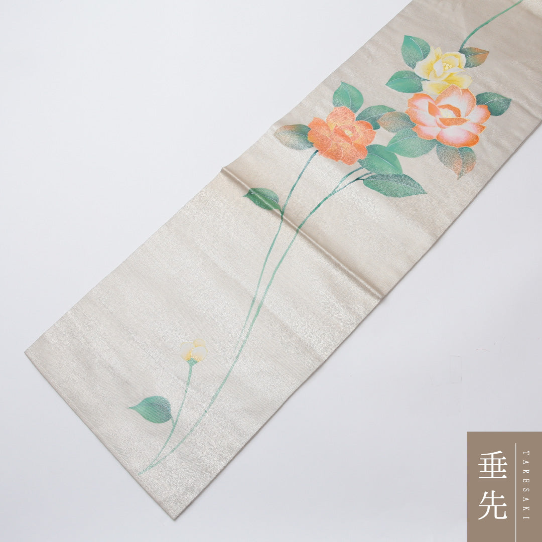 九寸名古屋帯 帯丈354cm 正絹 六通 名古屋仕立て 織り カジュアル 牡丹 クリーム系 RP 1245-02037