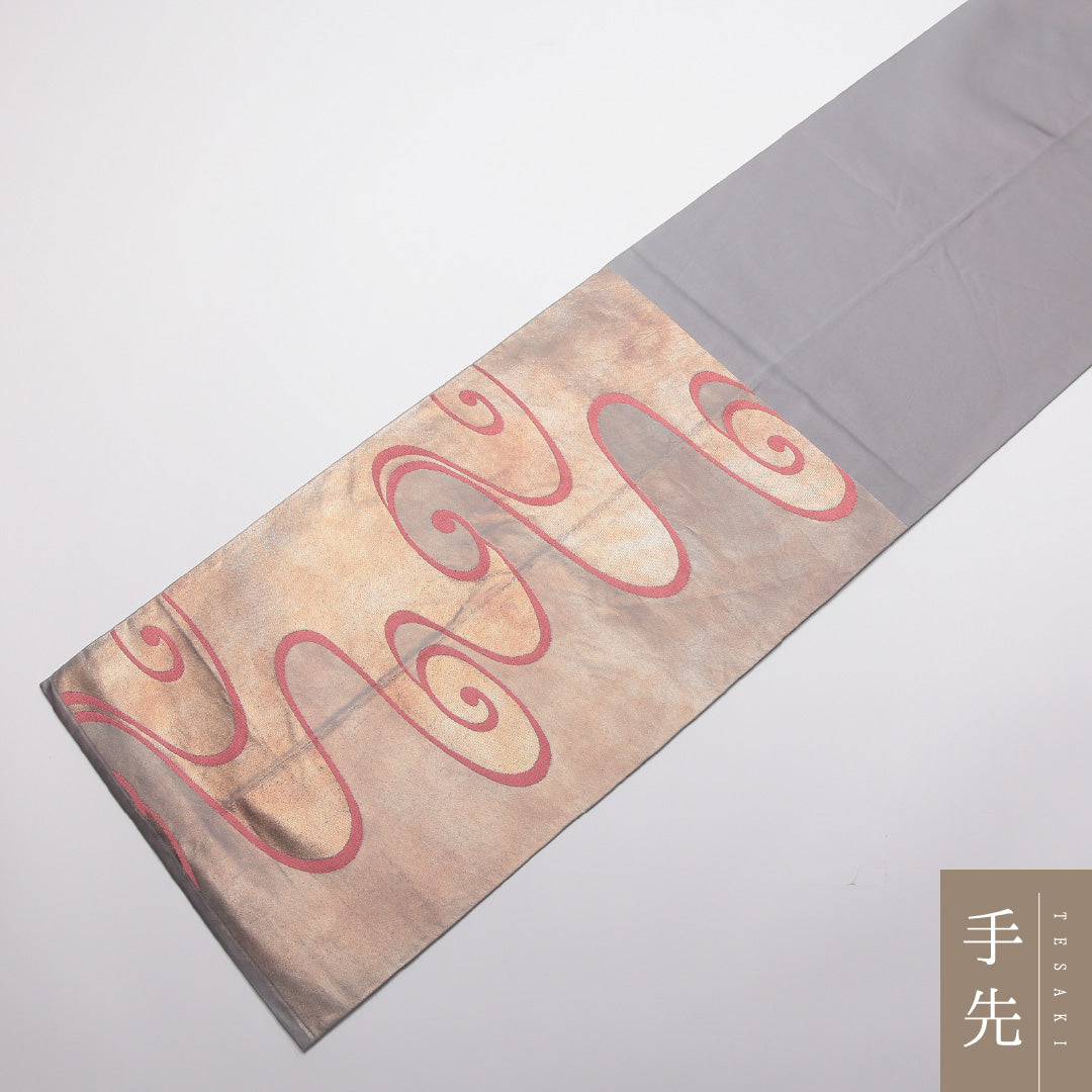 袋帯 帯丈428cm 正絹 六通 セミフォーマル 観世水 金系 クリーム系 1243-01348