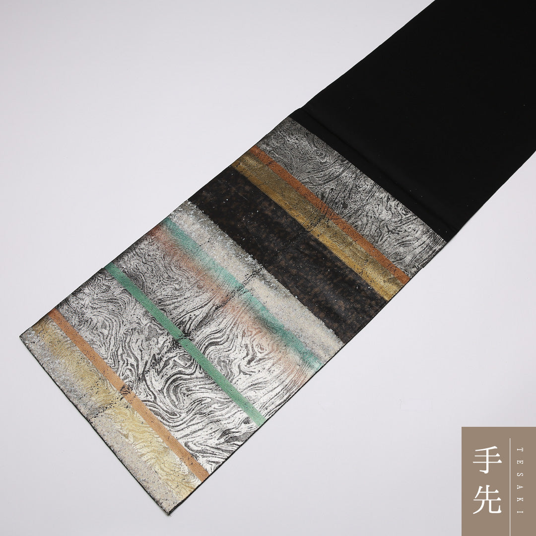 袋帯 帯丈432cm 正絹 六通 セミフォーマル 横笛 落款 グレー系 銀系 1243-01078