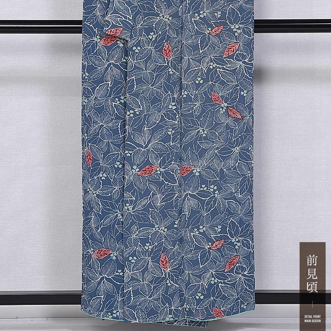 小紋 袷 身丈153cm 裄丈63cm 正絹 Aランク インフォーマル バチ衿 Sサイズ 植物柄 青系 HP 1221-11263