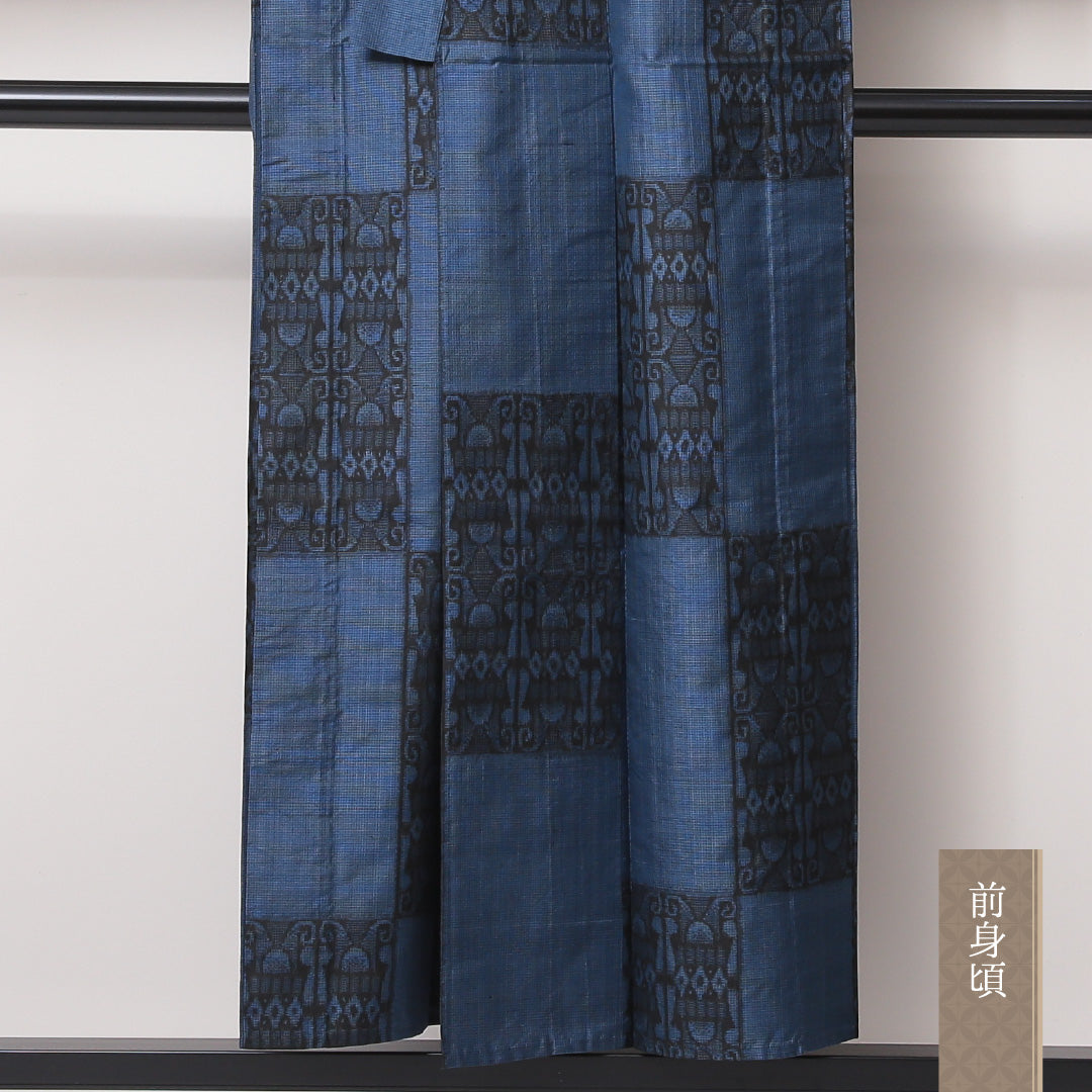 紬 単衣 身丈151cm 裄丈62cm 正絹 Bランク Sサイズ バチ衿 カジュアル 市松 青系 1216-03505