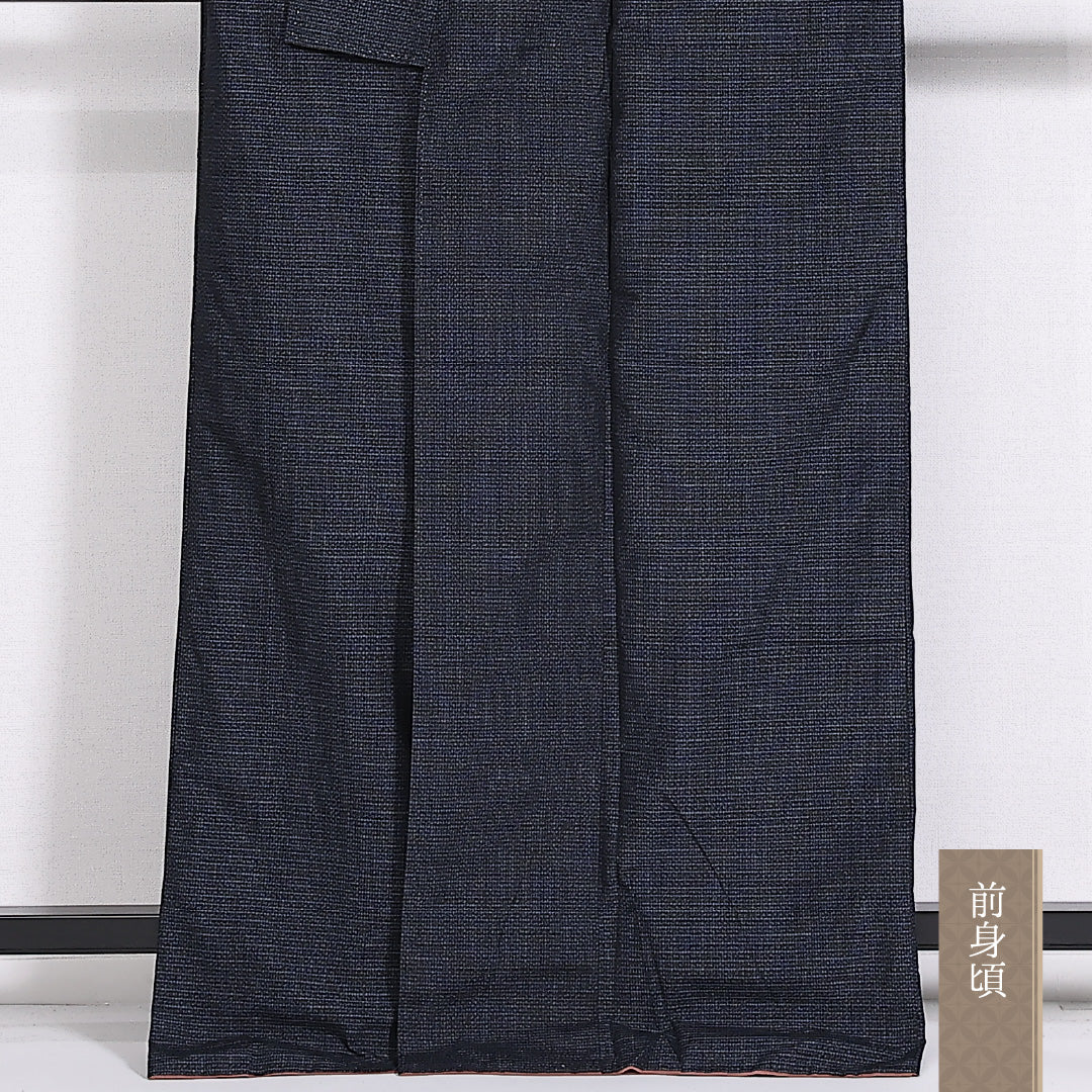 紬 袷 身丈164cm 裄丈65cm 正絹 Sランク カジュアル 広衿 Lサイズ 絣柄 紺系 RP 1223-03947