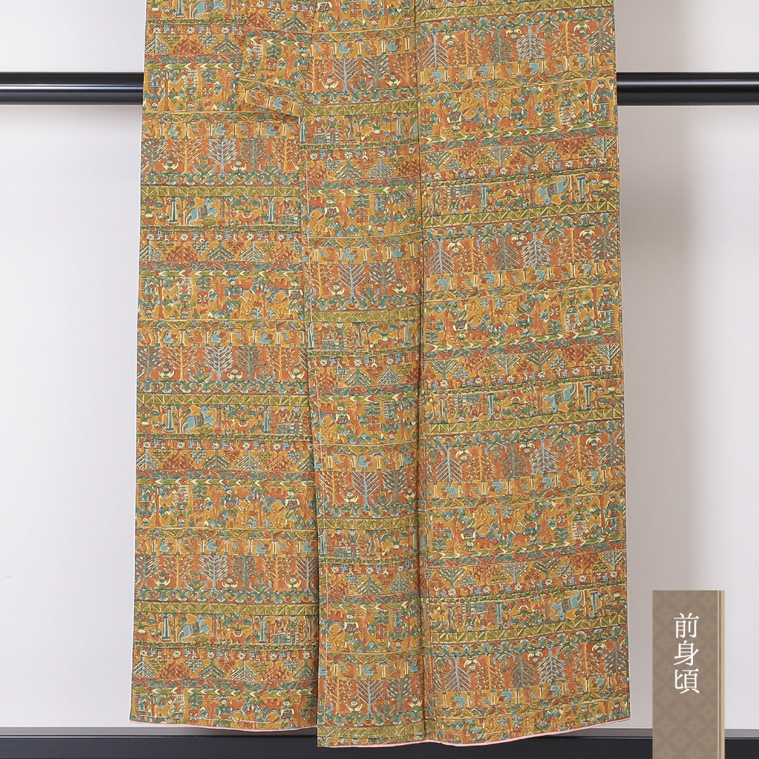 小紋 袷 身丈150cm 裄丈63cm 正絹 Sランク インフォーマル バチ衿 Sサイズ 更紗 コプト文様 黄系 RP 1221-02016