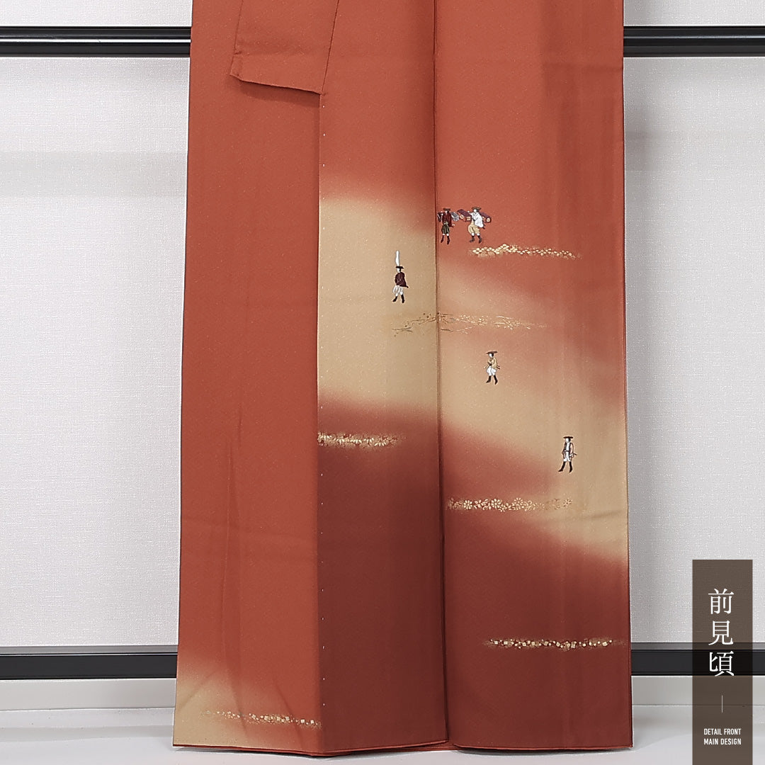 訪問着 袷 身丈160cm 裄丈64cm 正絹 Sランク セミフォーマル 広衿 Lサイズ ぼかし染 金彩 刺繍 人物 茶系 RP 1217-12442