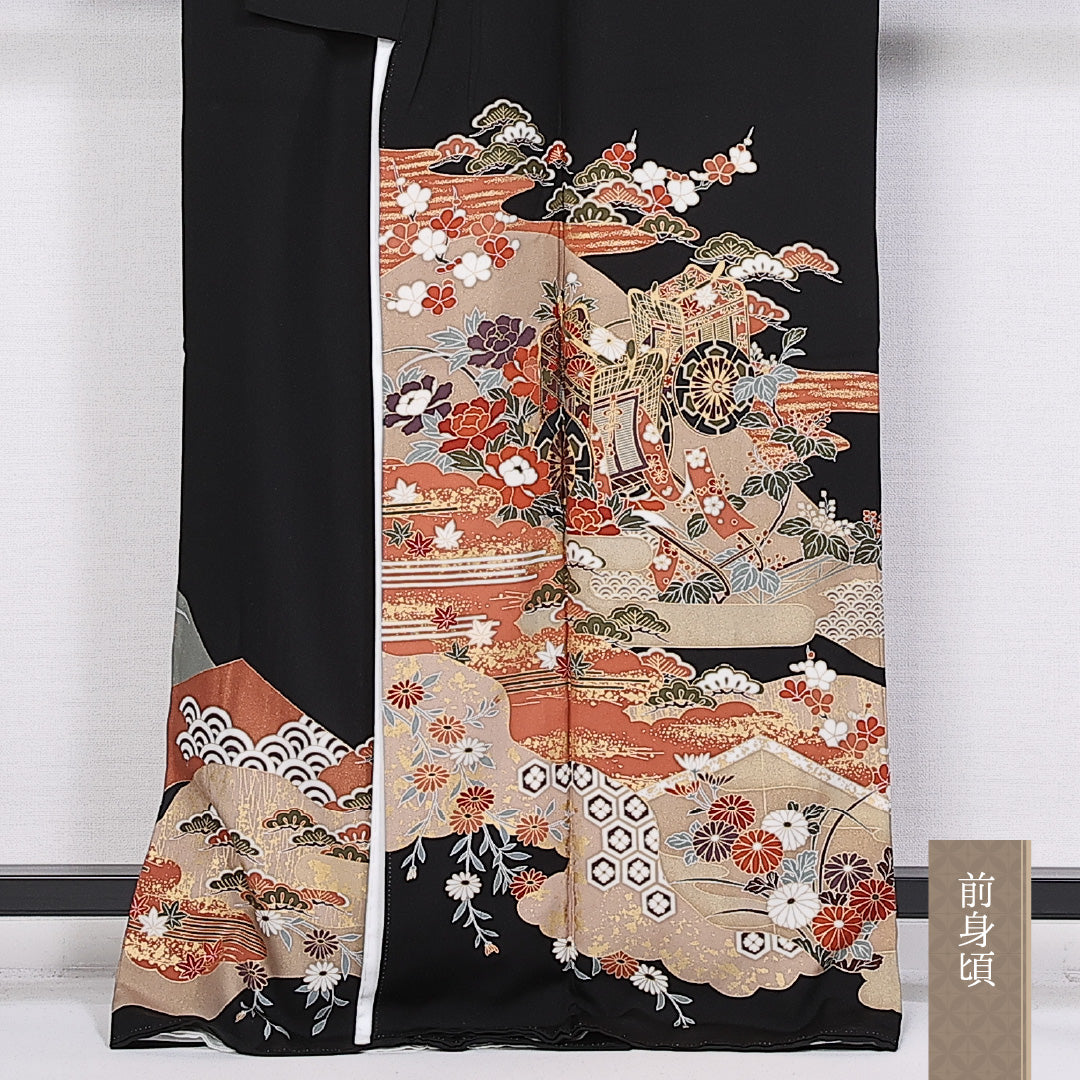 黒留袖 五つ紋 三つ柏 身丈165cm 裄丈64.5cm Sランク 正絹 袷 比翼 広衿 XL 吉祥文様 御所車 牡丹 フォーマル 黒系 1211-F0316