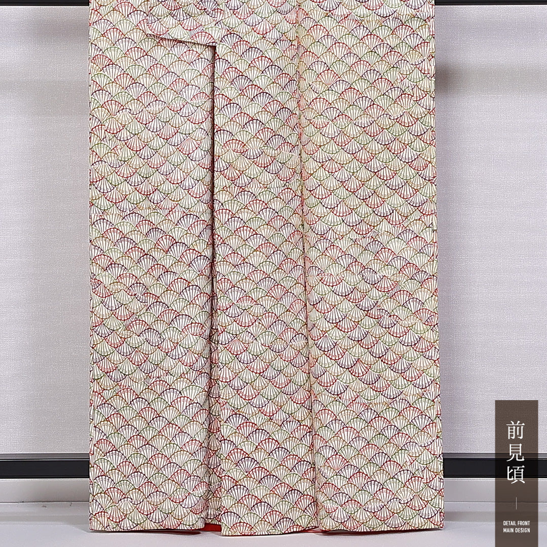 小紋 袷 身丈162cm 裄丈66cm 正絹 Bランク インフォーマル 広衿 Lサイズ 扇 クリーム系 HP 1221-11279