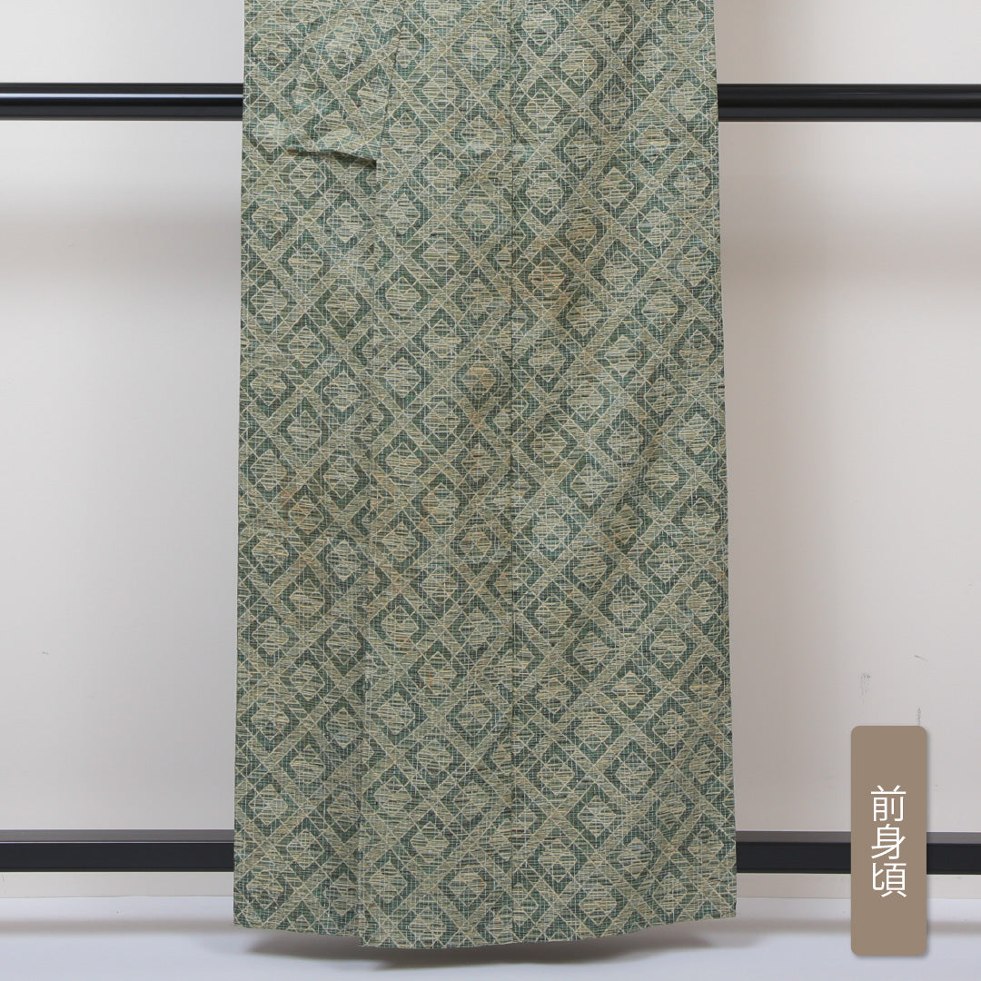 紬 単衣 身丈159cm 裄62.5cm 洗える着物 緑系 Sランク 1216003982319