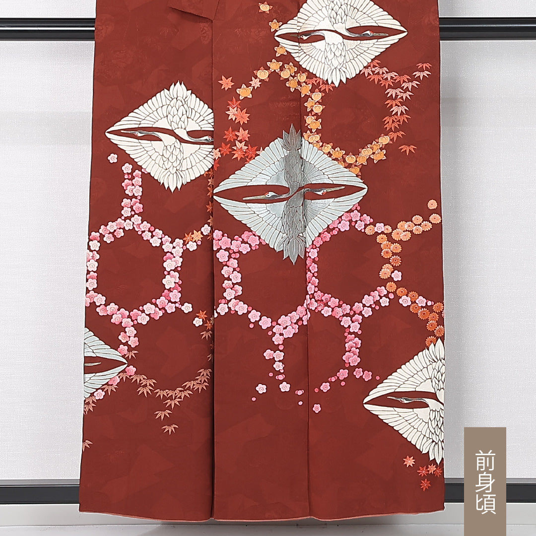 アンティーク 錦紗 色留袖 一つ紋 蔦 身丈154cm 裄丈65cm Aランク 正絹 袷 バチ衿 S 刺繍 向かい鳥 梅 紅葉 古典的 格調高い 赤系 1211-F0510