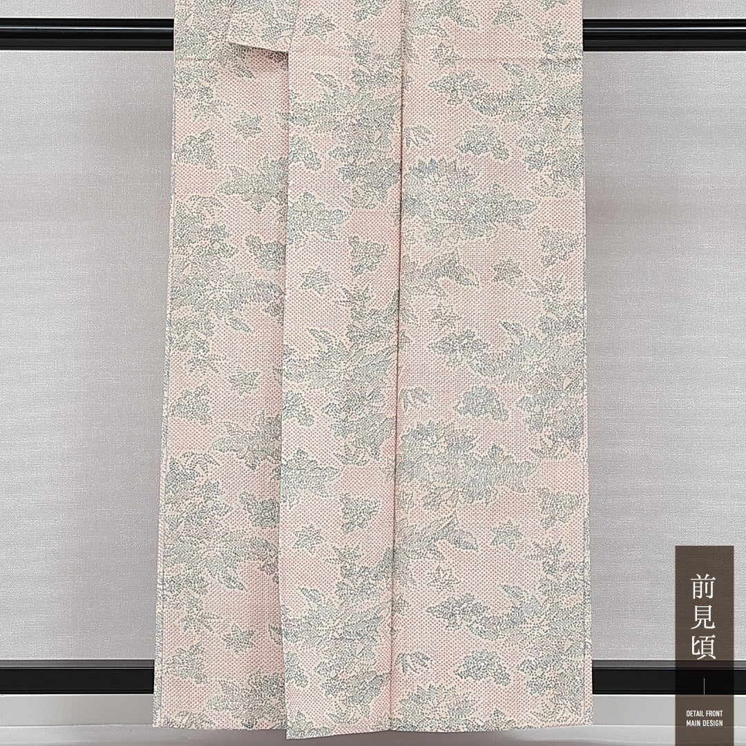 洗える着物 ウールの紬 単衣 身丈157cm 裄丈62cm ウール Aランク カジュアル バチ衿 Mサイズ 笹 クリーム系 HP 1223-14368