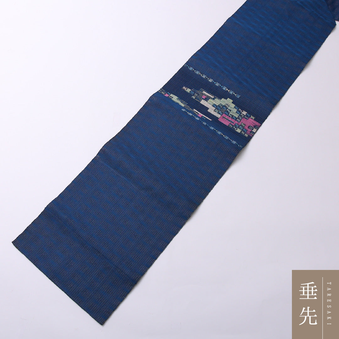 八寸名古屋帯 (夏帯) Sランク 帯丈354cm 正絹 ポイント柄 名古屋仕立て 織り カジュアル 紬 もじり織 創作柄 青系 PO 1245-02754
