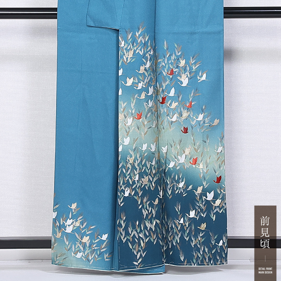 訪問着 袷 身丈153cm 裄丈62cm 正絹 Sランク セミフォーマル 広衿 Sサイズ ぼかし 金箔 刺繍 鶴 華やか 存在感 水色系 RP 1217-11200