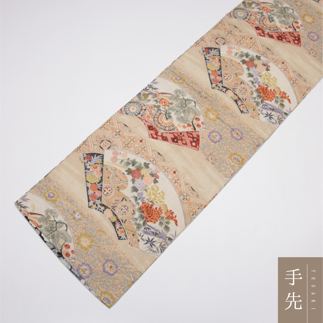 アンティーク 名古屋帯 帯丈360cm Aランク 開き仕立て 全通 木綿 檜扇 唐花 桜 リバーシブル セミフォーマル クリーム系 1224-01589