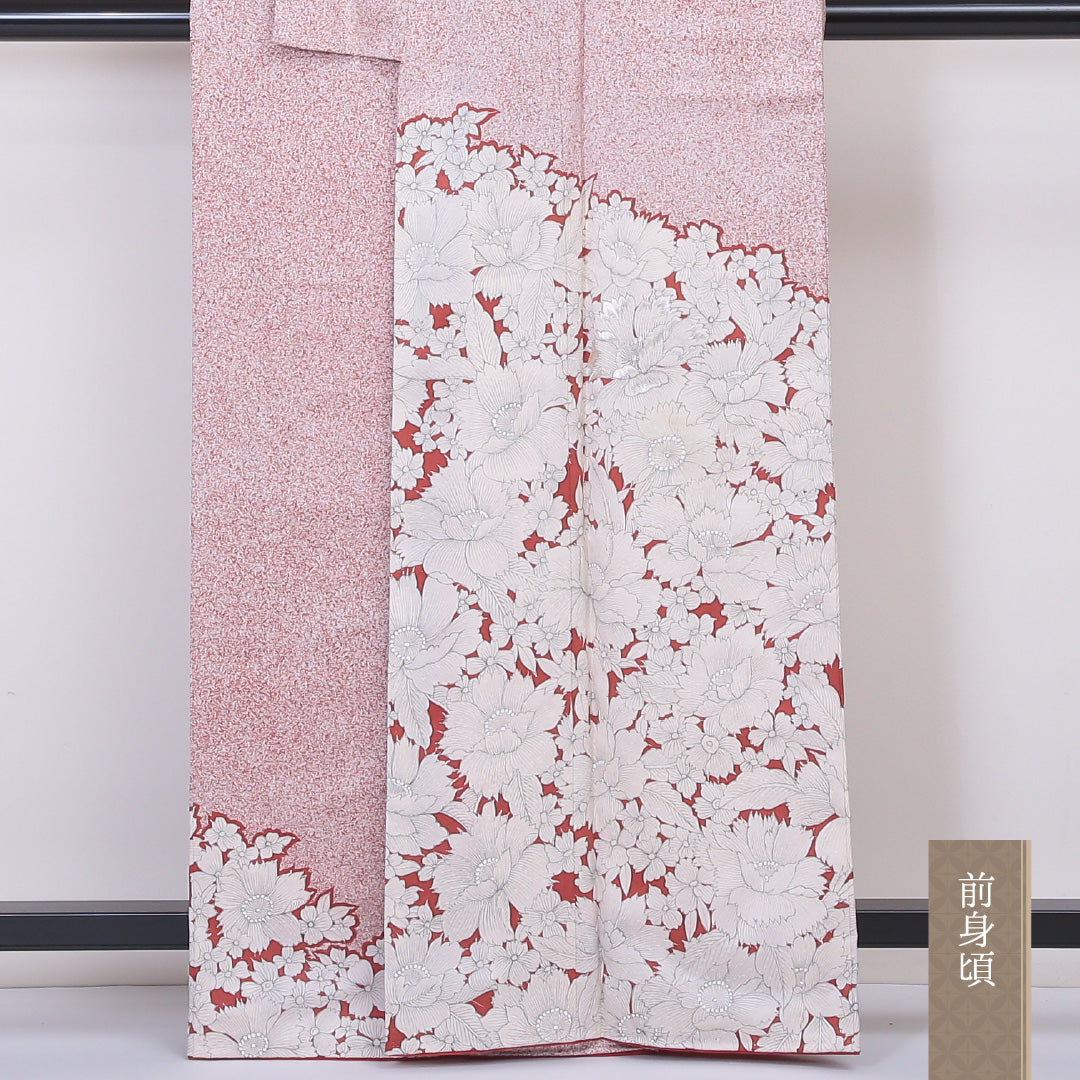 訪問着 袷 身丈160~164cm 裄66.5cm 正絹 牡丹 白系 Aランク 1212-00535
