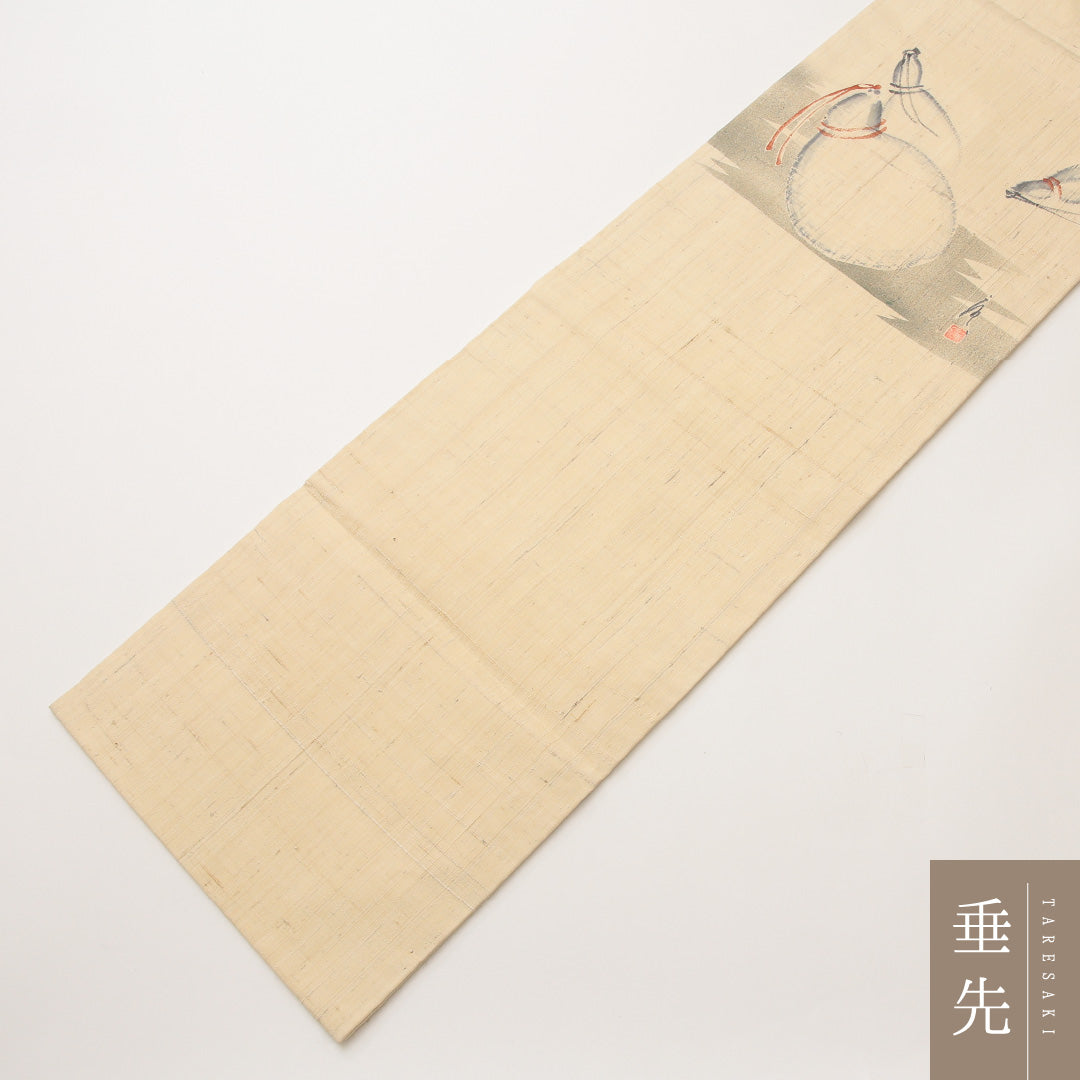九寸名古屋帯 Sランク 帯丈370cm 正絹 ポイント柄 名古屋仕立て 織り カジュアル 作家物 落款 紬 後染め ひょうたん 毬 クリーム系 RP 1245-02019