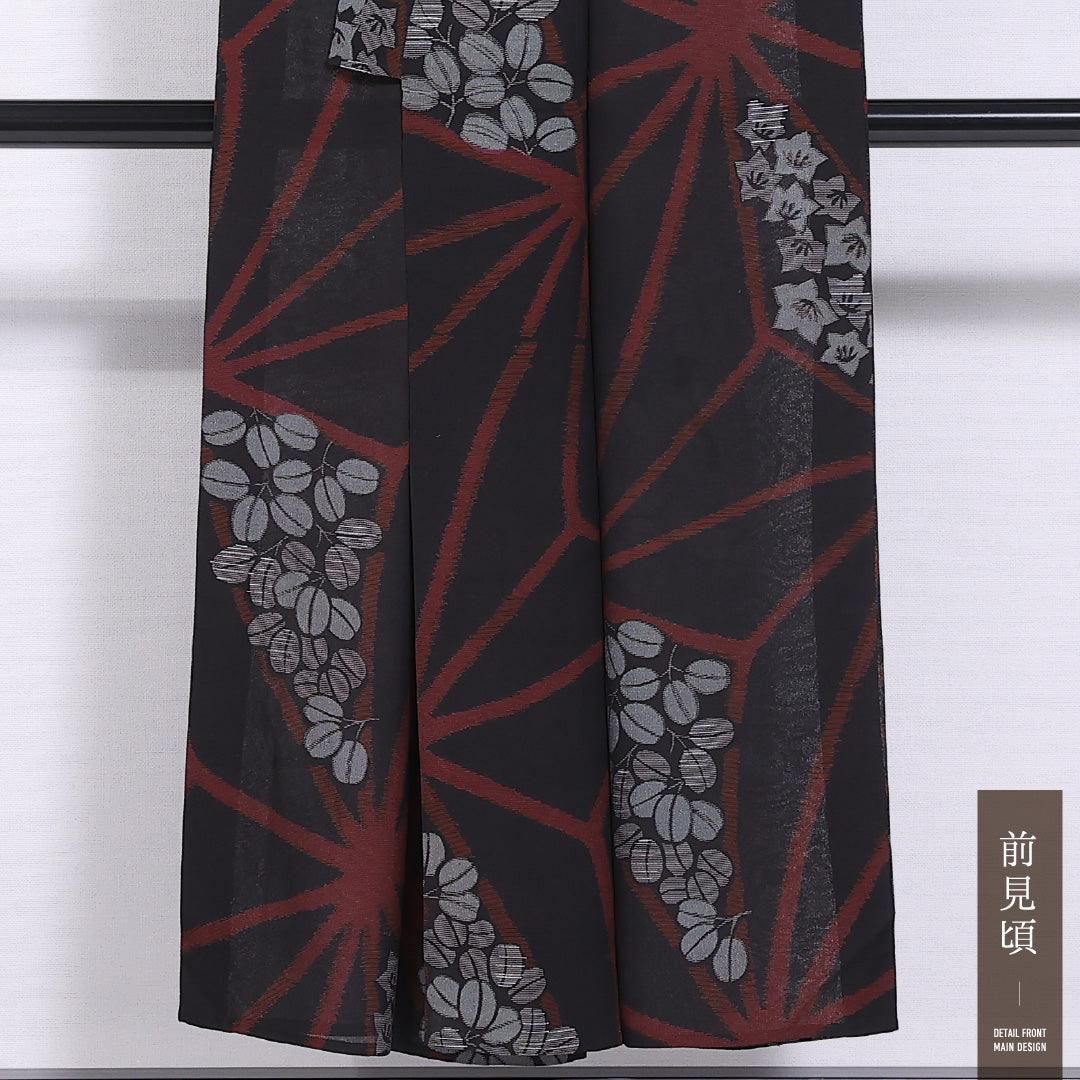 アンティーク 夏物 紬 夏紬 身丈145cm 裄丈63cm Aランク 正絹 バチ衿 XSサイズ 麻の葉 桔梗 古典的 モダン 藤 麻の葉 黒系 1216-11570
